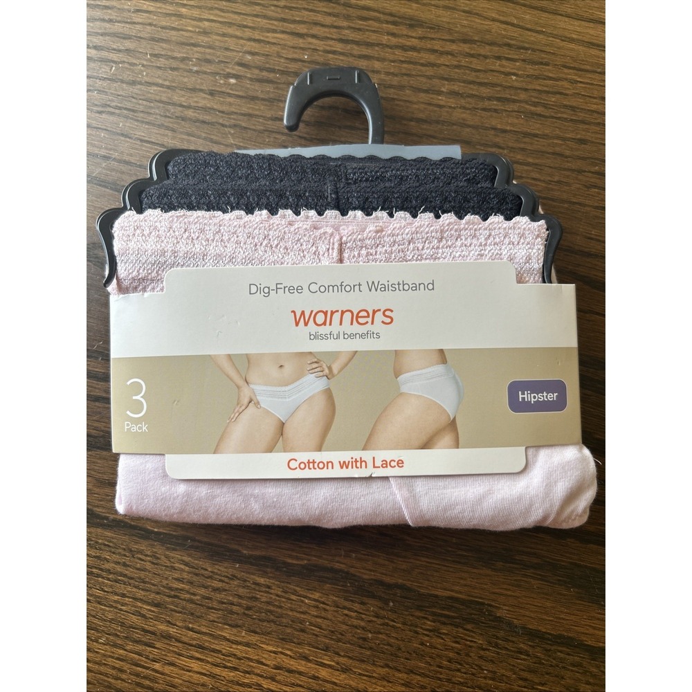 Warners Women 3pk Dig-Free Cotton Hipster Lace Panties 3XL Pink Black Grey‎